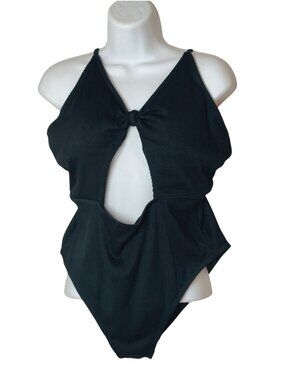 So Junior One-Piece Swimsuit XL Black Ribbed Adjustable Straps Front Knot Detail